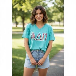 Alpha Delta Pi / ADPi V-Neck w/ Printed Floral Letters